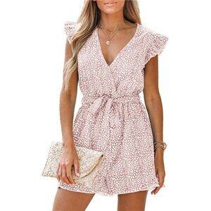 Women's V-Neck Floral Print Romper – Belted Elastic Waist